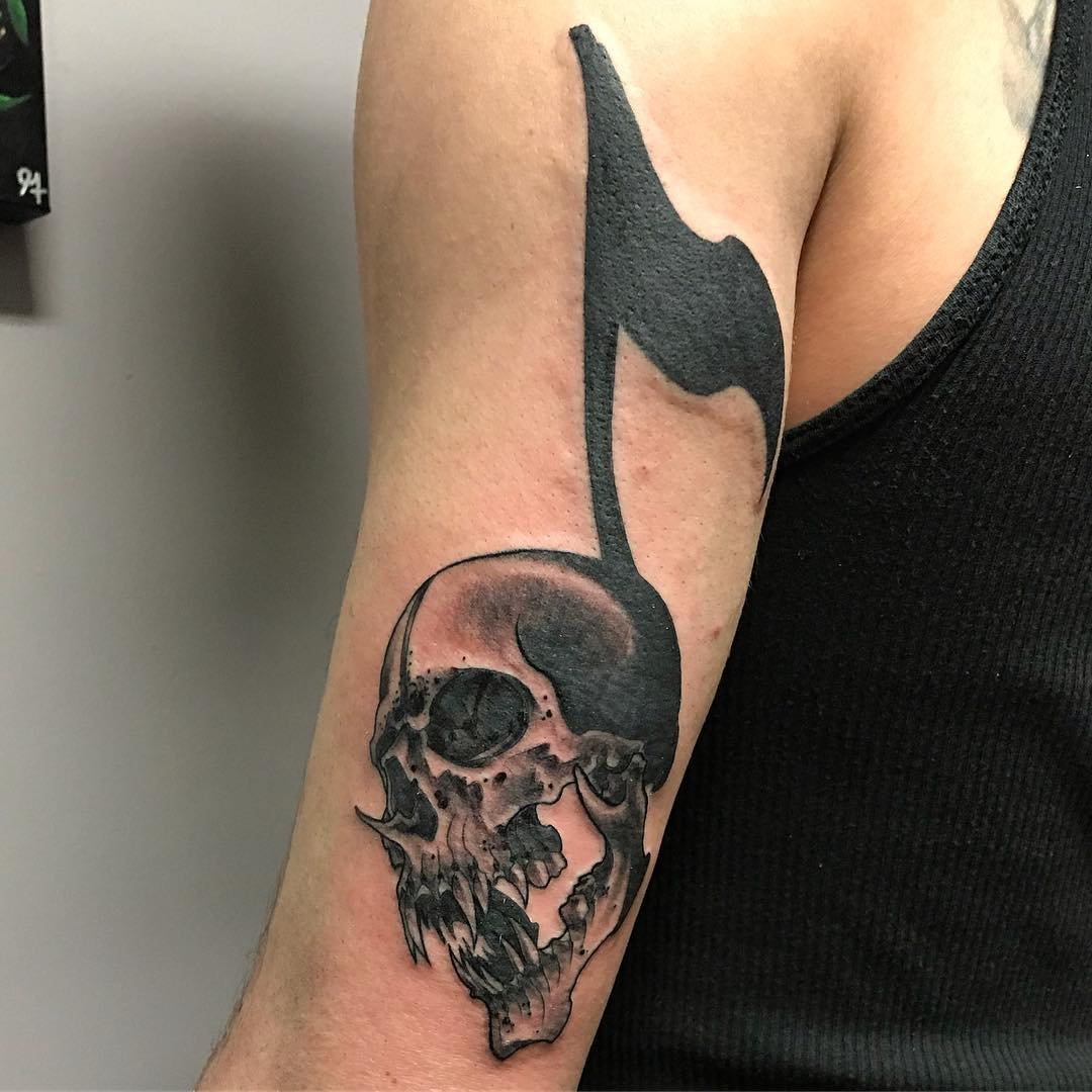 Music Note Skull Tattoo by Trevor Pelletier at Black Gold Tattoo Co in Edmonton Alberta Canada