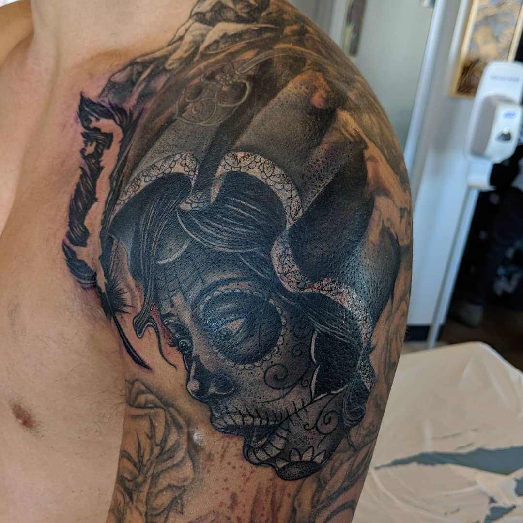 Day of the Dead Tattoo by Kevin Sherritt at Black Gold Tattoo Co in Edmonton Alberta Canada