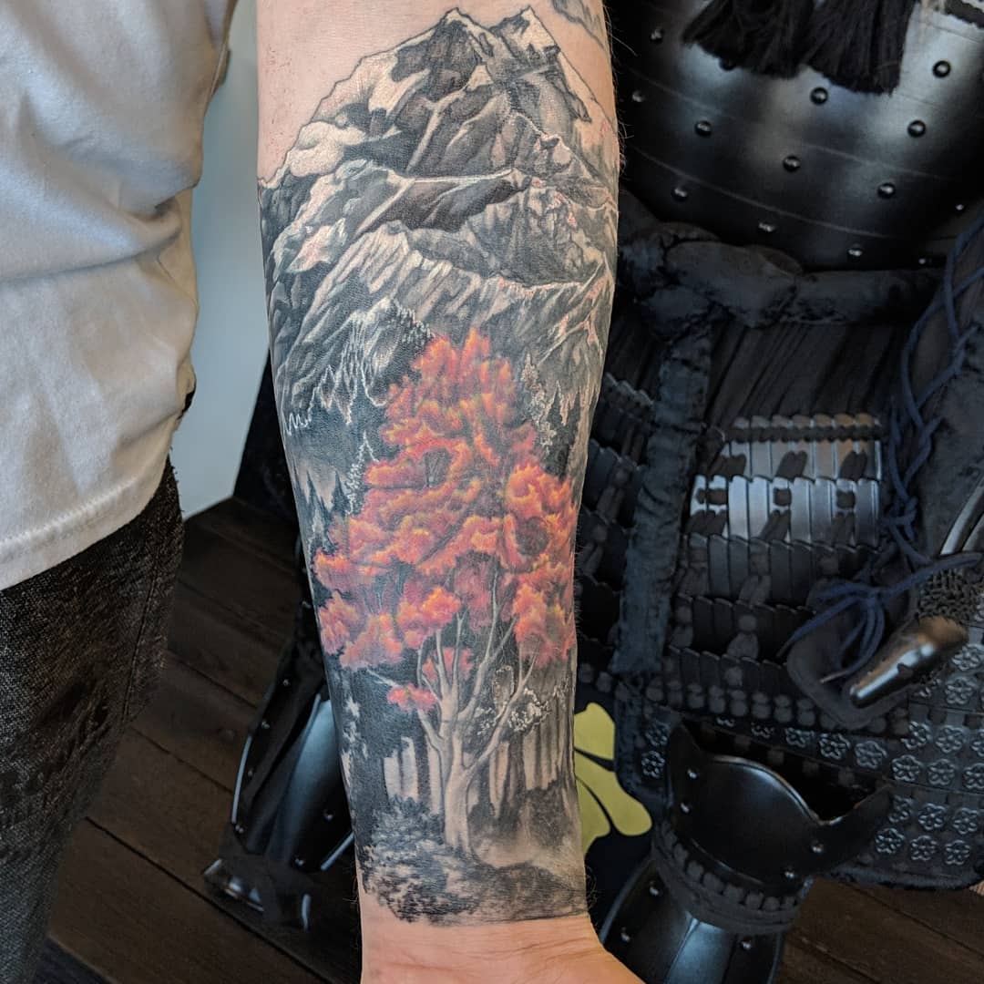 Forest and Mountains Tattoo by Kevin Sherritt at Black Gold Tattoo Co in Edmonton Alberta Canada