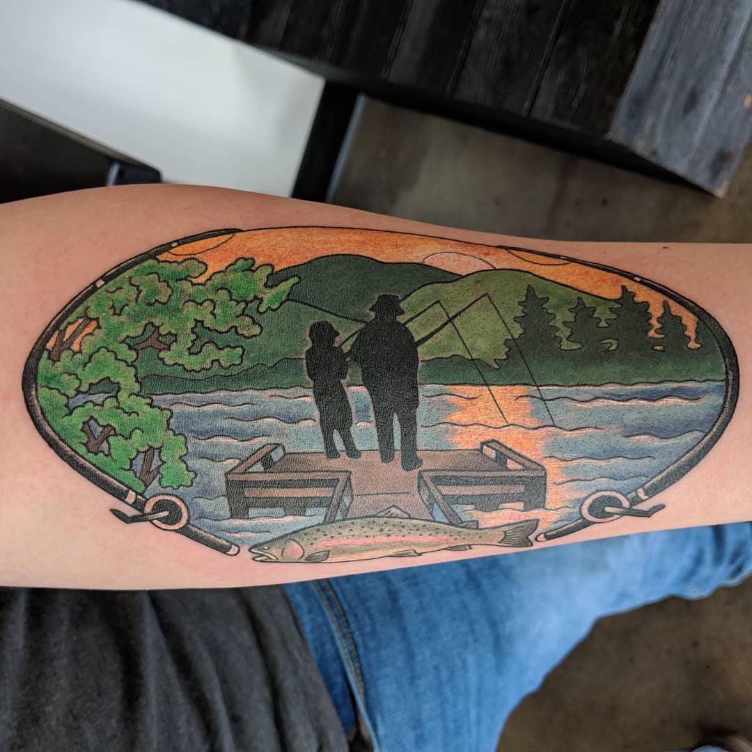 Fishing Scenery Tattoo by Sheila Anderson at Crimson Empire Tattoo in Edmonton Alberta Canada
