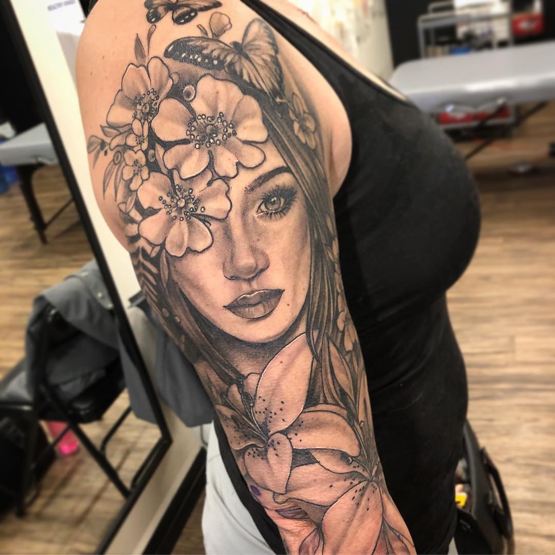 Floral Goddess and Butterfly Tattoo