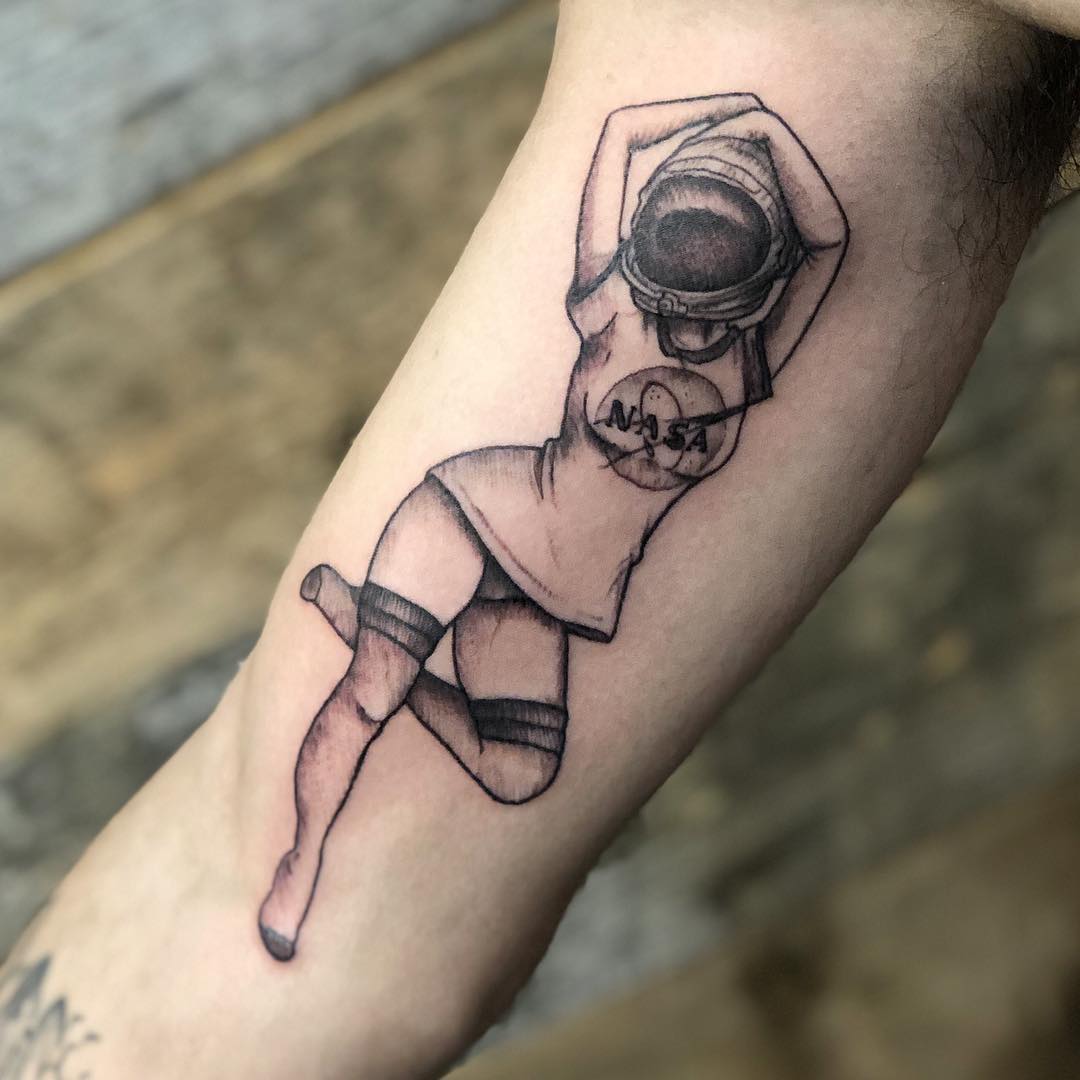 Pinup Space Lady Tattoo by Vanessa Spezowka at Crimson Empire Tattoo in Edmonton Alberta Canada
