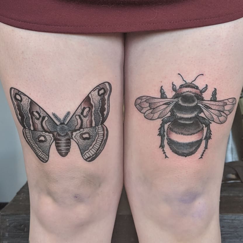 Moth and Bee Tattoo by Sheila Anderson at Crimson Empire Tattoo in Edmonton Alberta Canada