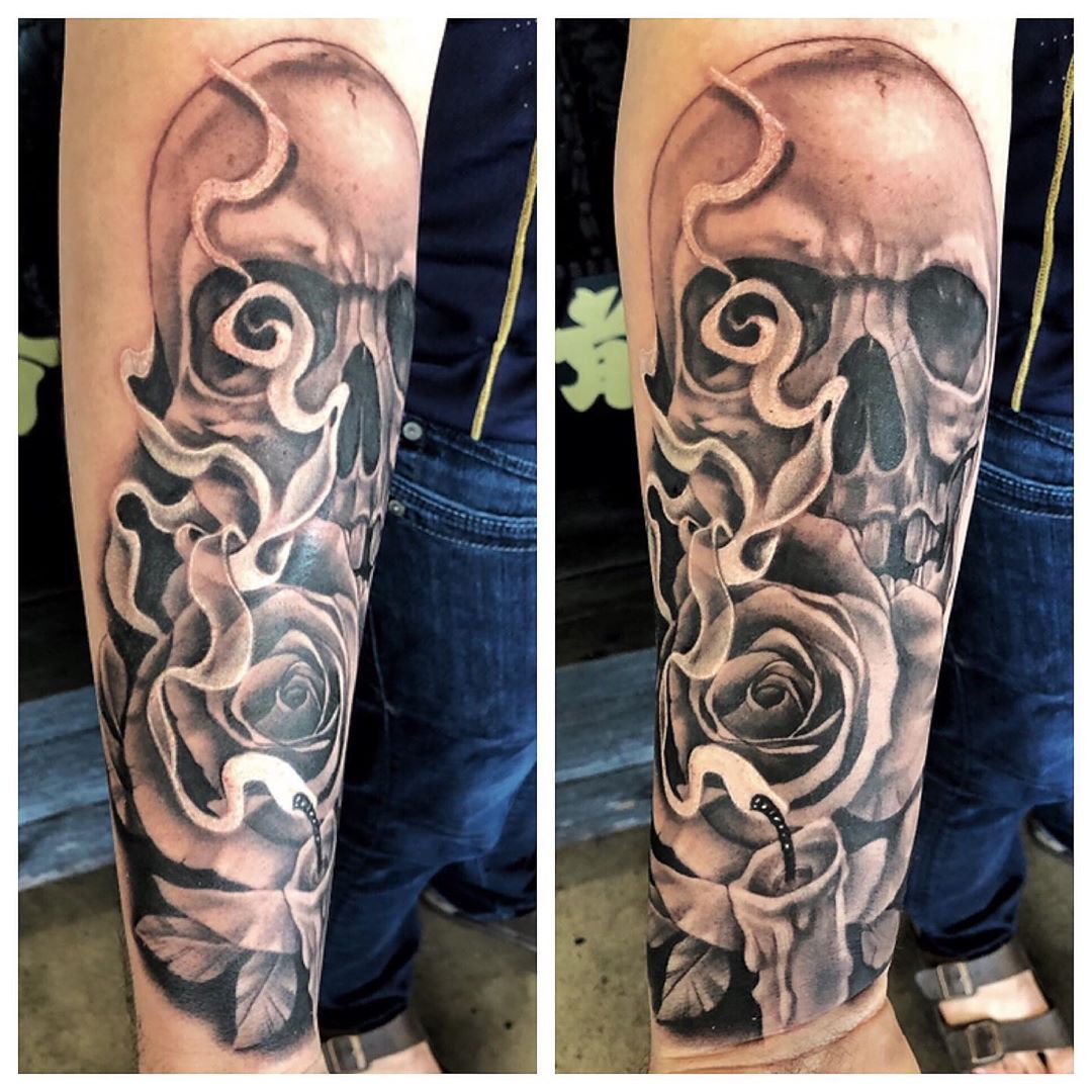 Skull Rose and Candle Tattoo by Chad Lavers at Crimson Empire Tattoo in Edmonton Alberta Canada
