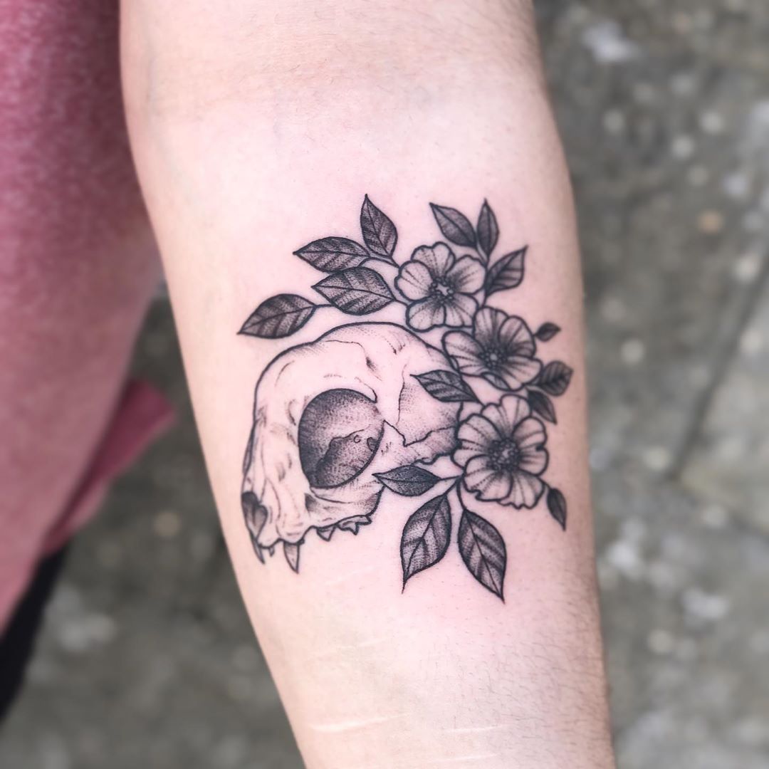 Cat Skull Tattoo by Vanessa Spezowka at Crimson Empire Tattoo in Edmonton Alberta Canada