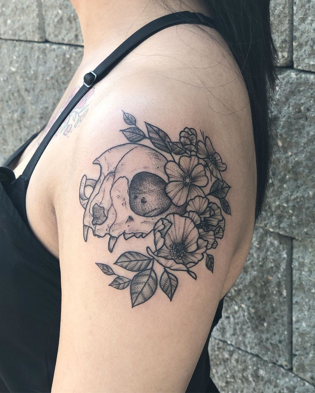 Cat Skull and Floral Tattoo by Vanessa Spezowka at Crimson Empire Tattoo in Edmonton Alberta Canada