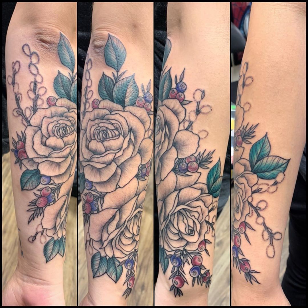 Roses Tattoo by Jess Alther at Black Gold Tattoo Co in Edmonton Alberta Canada