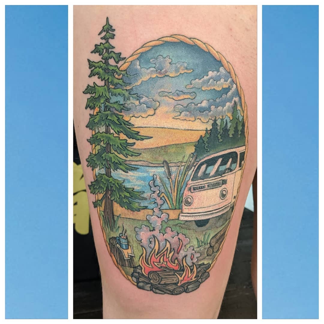 Camp Scenery Tattoo by Sheila Anderson at Crimson Empire Tattoo in Edmonton Alberta Canada