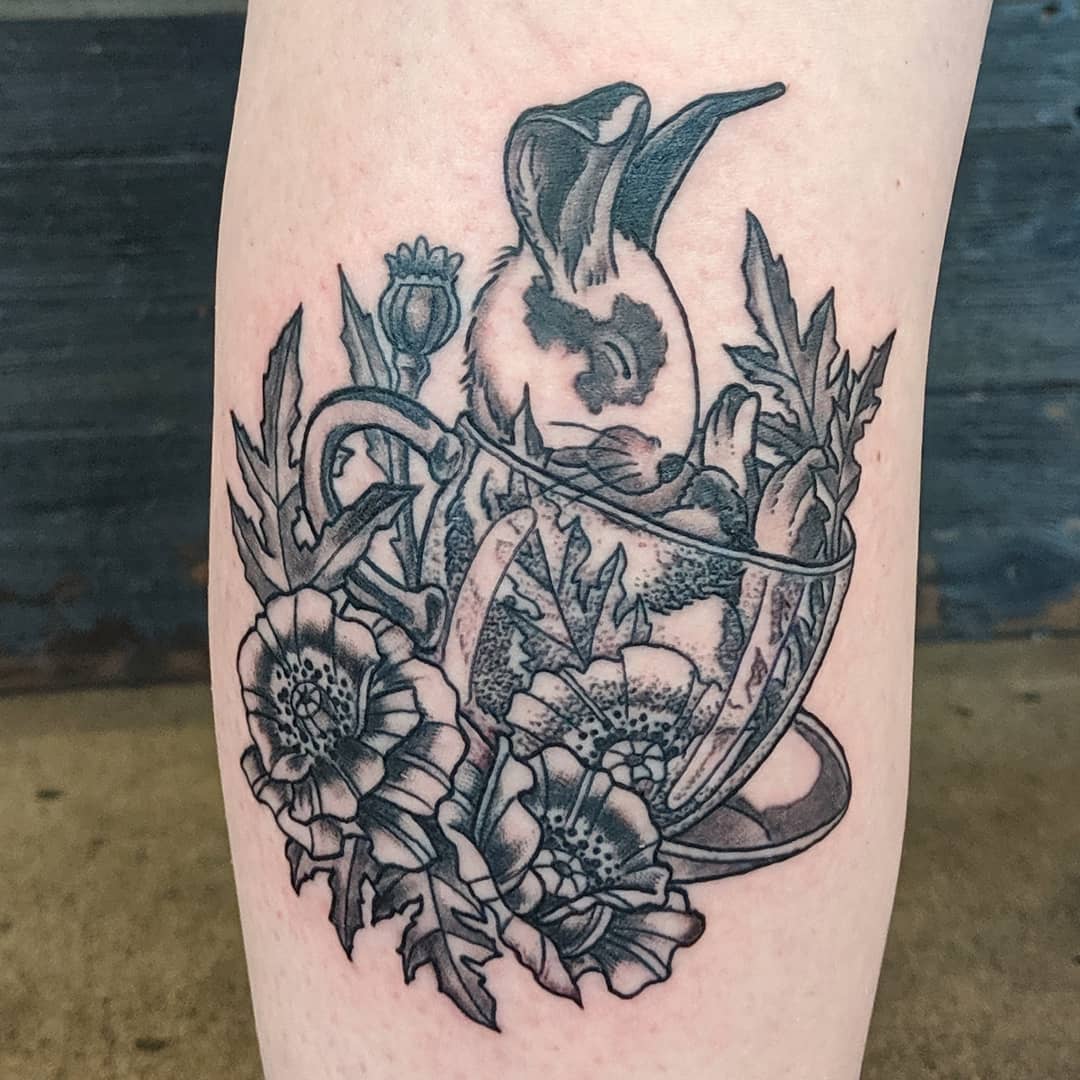 Teacup, Rabbit and Floral Tattoo by Sheila Anderson at Crimson Empire Tattoo in Edmonton Alberta Canada