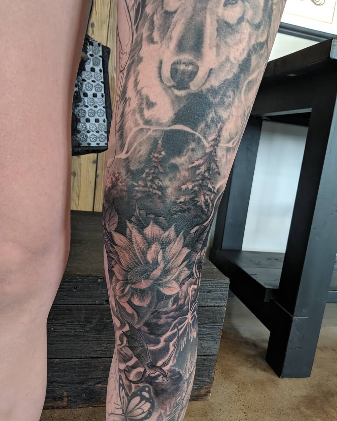Wolf and Forest Tattoo by Kevin Sherritt at Black Gold Tattoo Co in Edmonton Alberta Canada