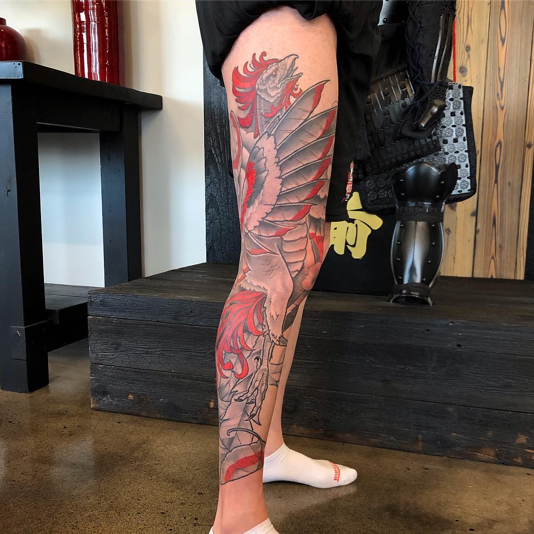Phoenix Leg Sleeve by Curt Semeniuk at Crimson Empire Tattoo in Edmonton Alberta Canada