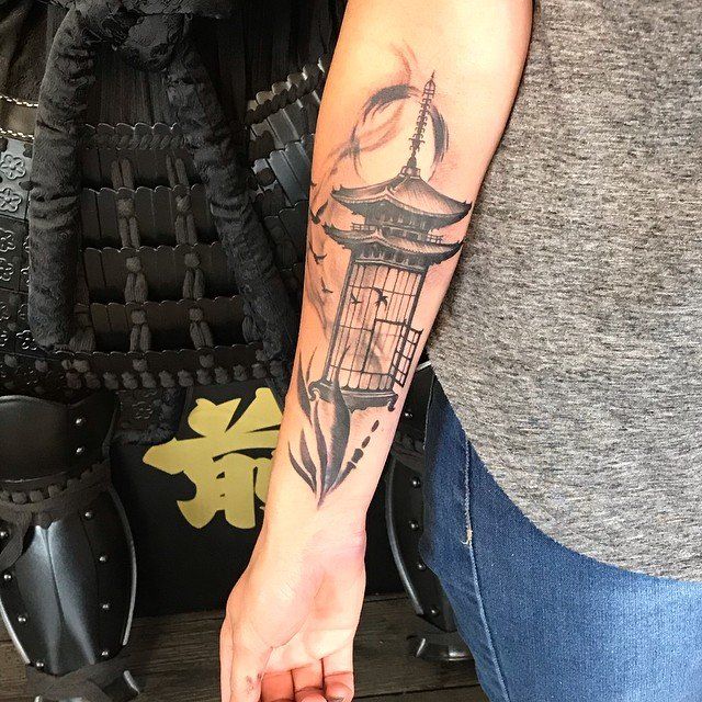 Pagoda Bird Cage Tattoo by Amber Strange at Black Gold Tattoo Co in Edmonton Alberta Canada