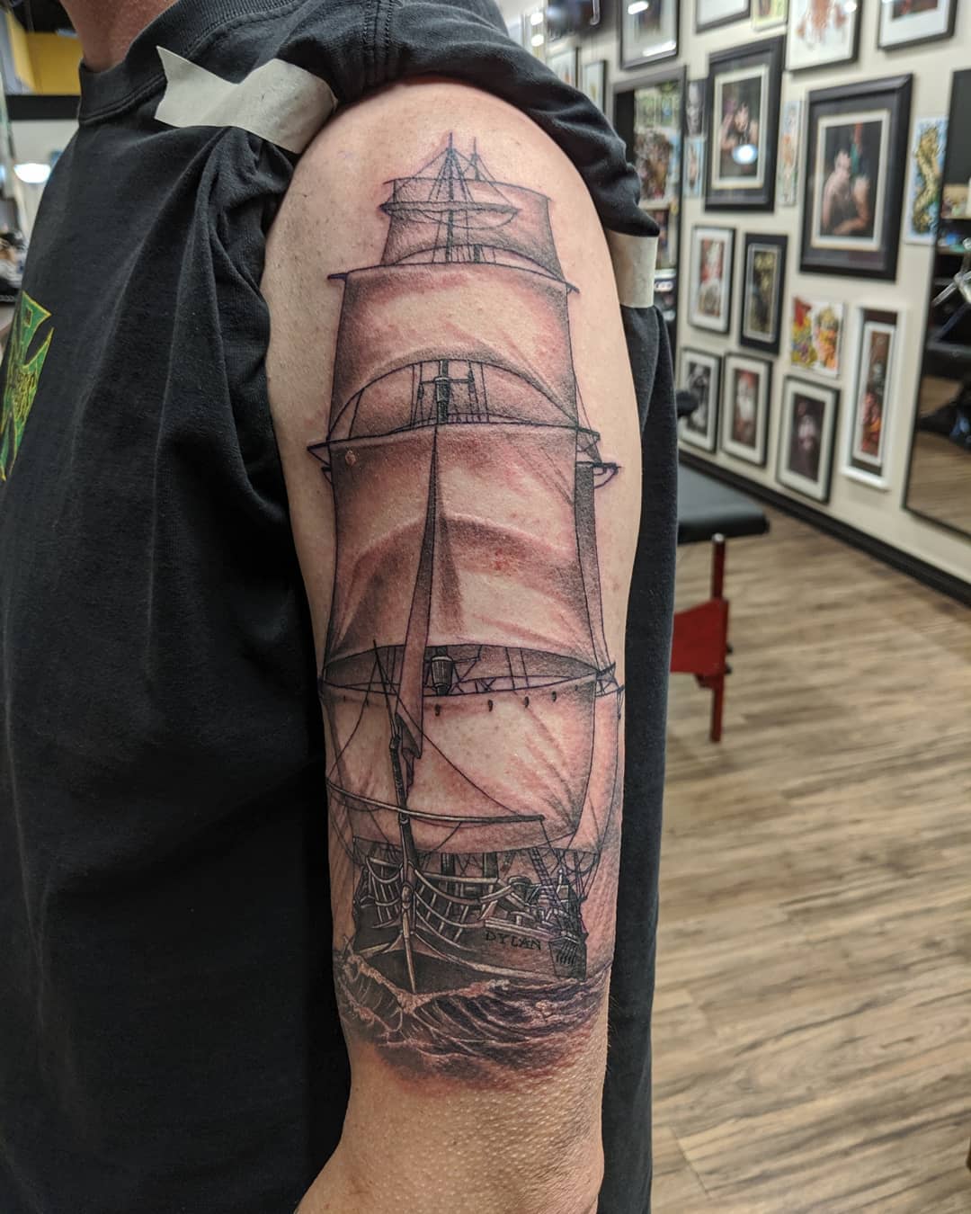 Pirate Ship Tattoo by Kevin Sherritt at Black Gold Tattoo Co in Edmonton Alberta Canada