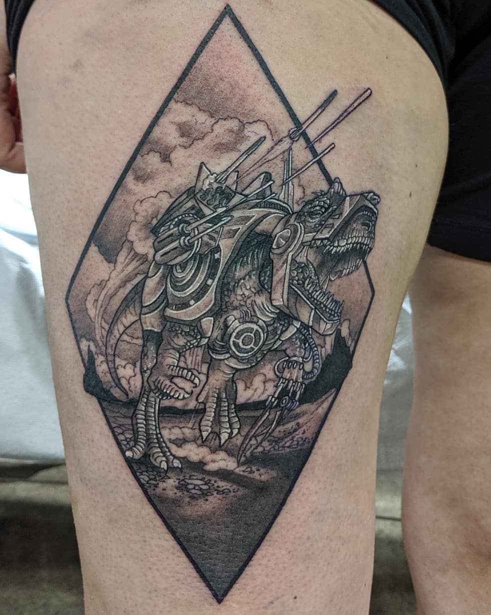 Robotic T-Rex Tattoo by Kevin Sherritt at Black Gold Tattoo Co in Edmonton Alberta Canada