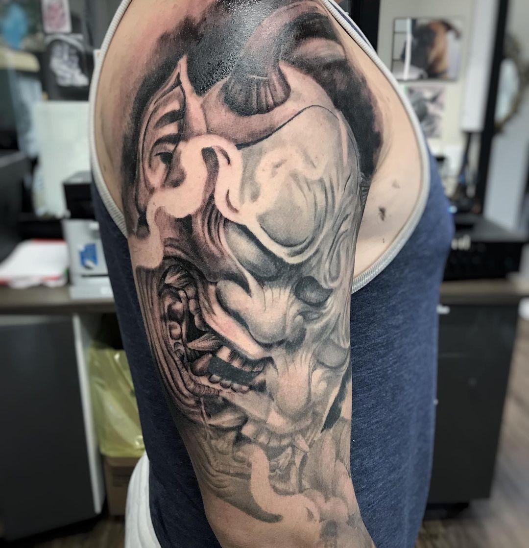 Hannya Mask Tattoo by Alan Coates at Black Gold Tattoo Co in Edmonton Alberta Canada