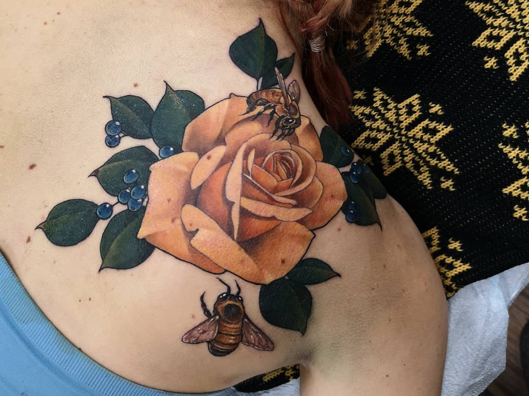Rose and Bees Tattoo by Sasha Day at Black Gold Tattoo Co in Edmonton Alberta Canada