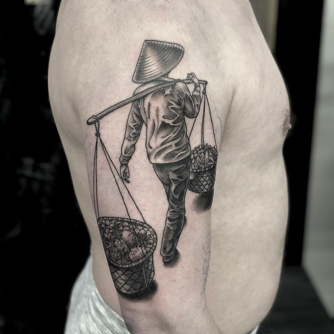 Vietnamese Fruit Vendor Tattoo by Curt Semeniuk at Crimson Empire Tattoo in Edmonton Alberta Canada