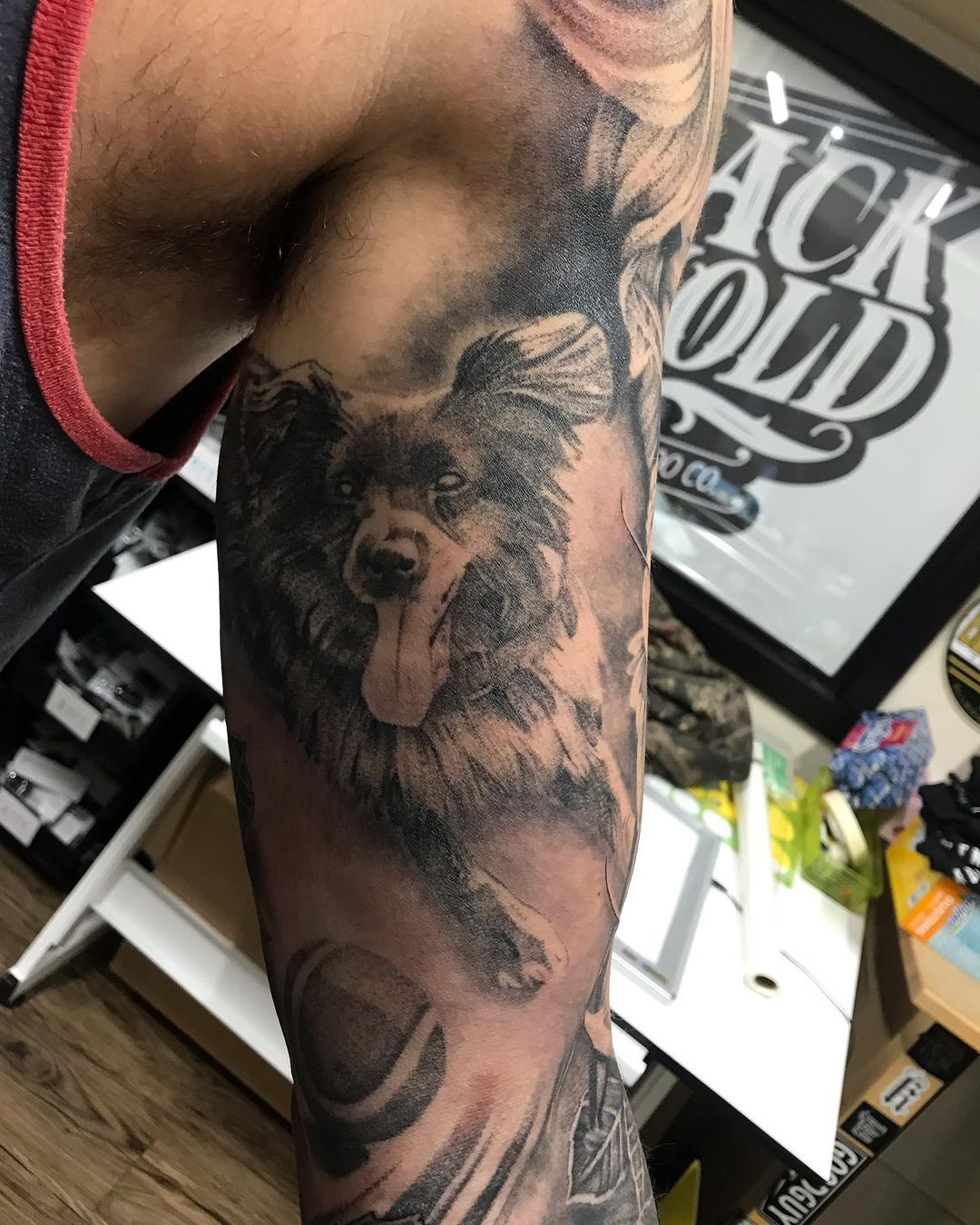 Dog Portrait Tattoo by Alan Coates at Black Gold Tattoo Co in Edmonton Alberta Canada