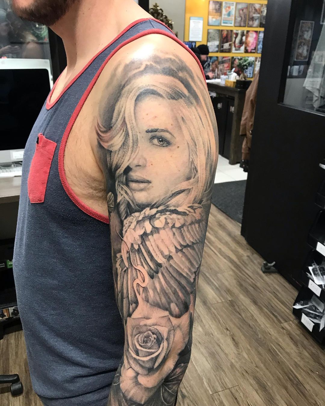 Lady and Rose Sleeve by Alan Coates at Black Gold Tattoo Co in Edmonton Alberta Canada