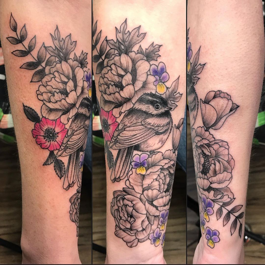 Chickadee and Floral Tattoo by Jess Alther at Black Gold Tattoo Co in Edmonton Alberta Canada