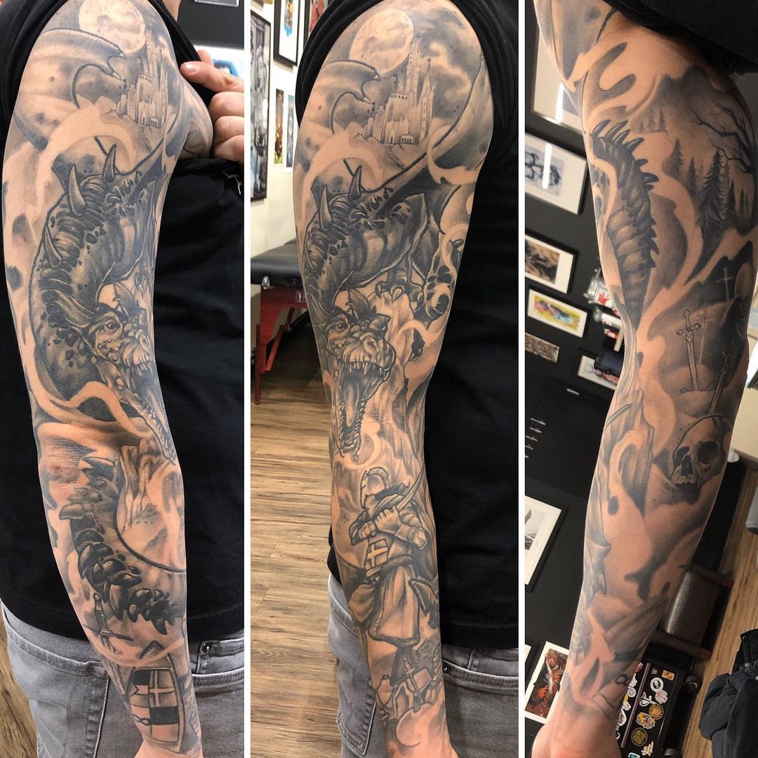Dragon Battle Sleeve by Sarah Michelle at Black Gold Tattoo Co in Edmonton Alberta Canada