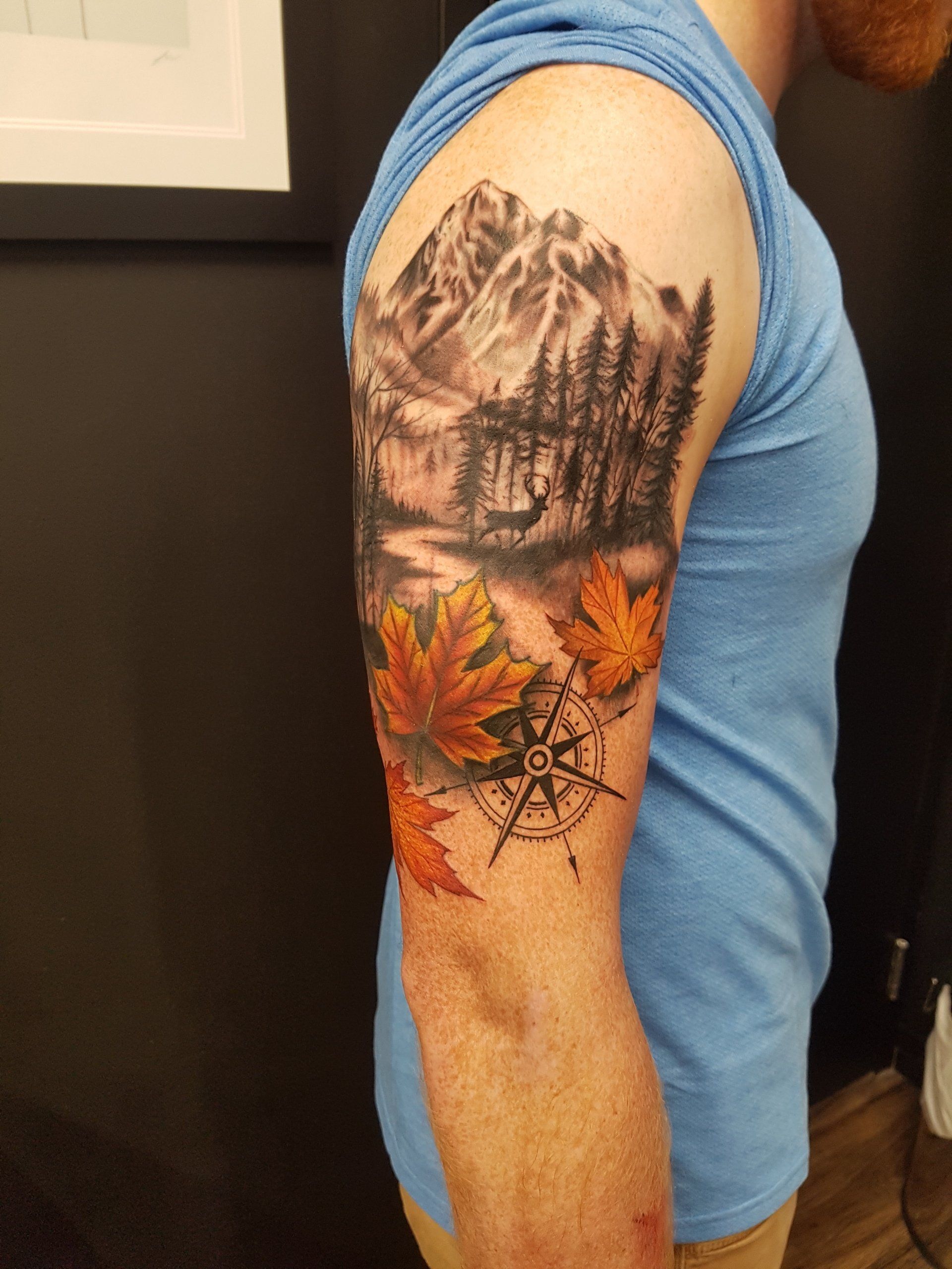 Mountain Wilderness and Compass Tattoo by Amber Strange at Black Gold Tattoo Co in Edmonton Alberta Canada