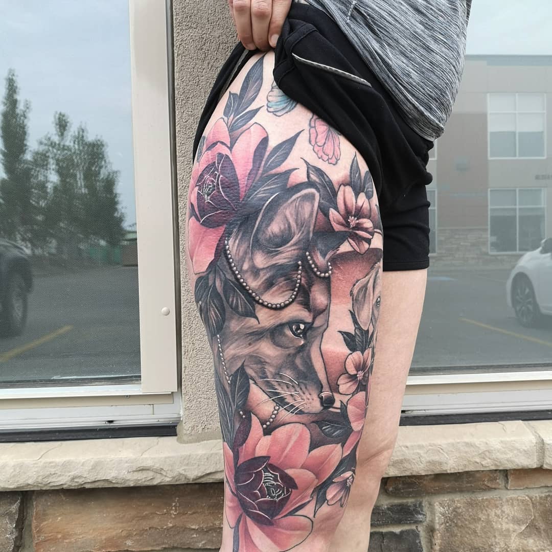Fox and Floral Tattoo by Sasha Day at Black Gold Tattoo Co in Edmonton Alberta Canada