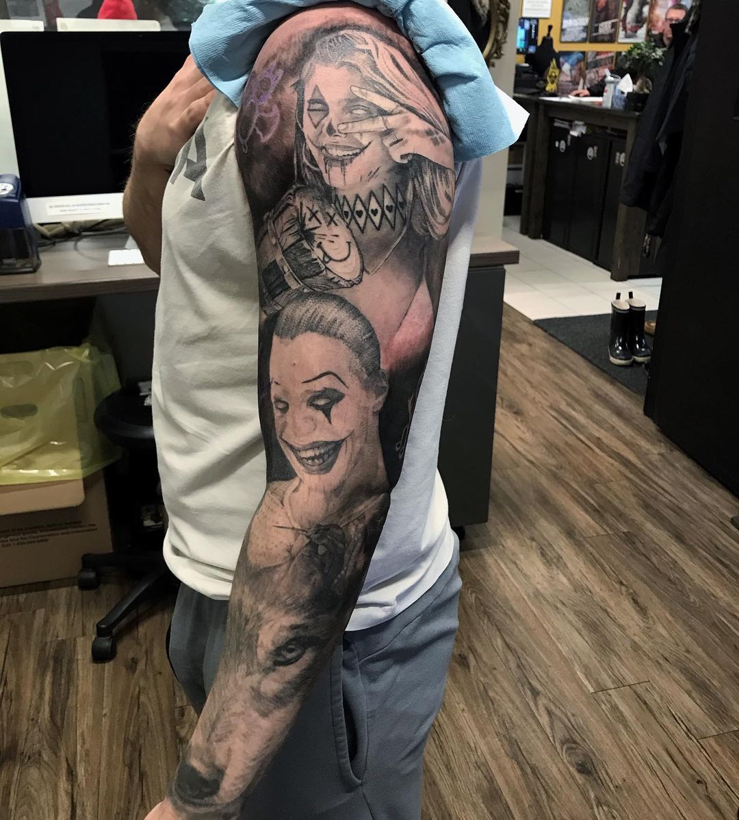 Harley Quinn and Joker Sleeve by Alan Coates at Black Gold Tattoo Co in Edmonton Alberta Canada