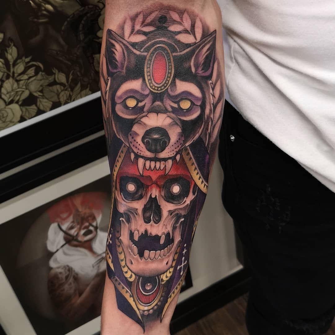 Wolf and Skull Tattoo by Sasha Day at Black Gold Tattoo Co in Edmonton Alberta Canada