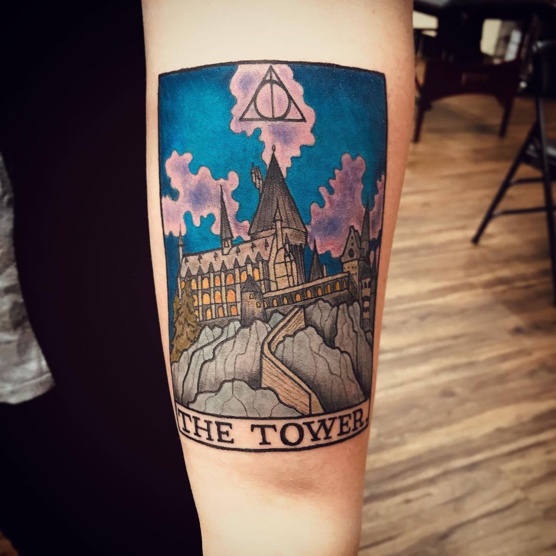 Hogwarts Castle Tattoo by Jess Alther at Black Gold Tattoo Co in Edmonton Alberta Canada
