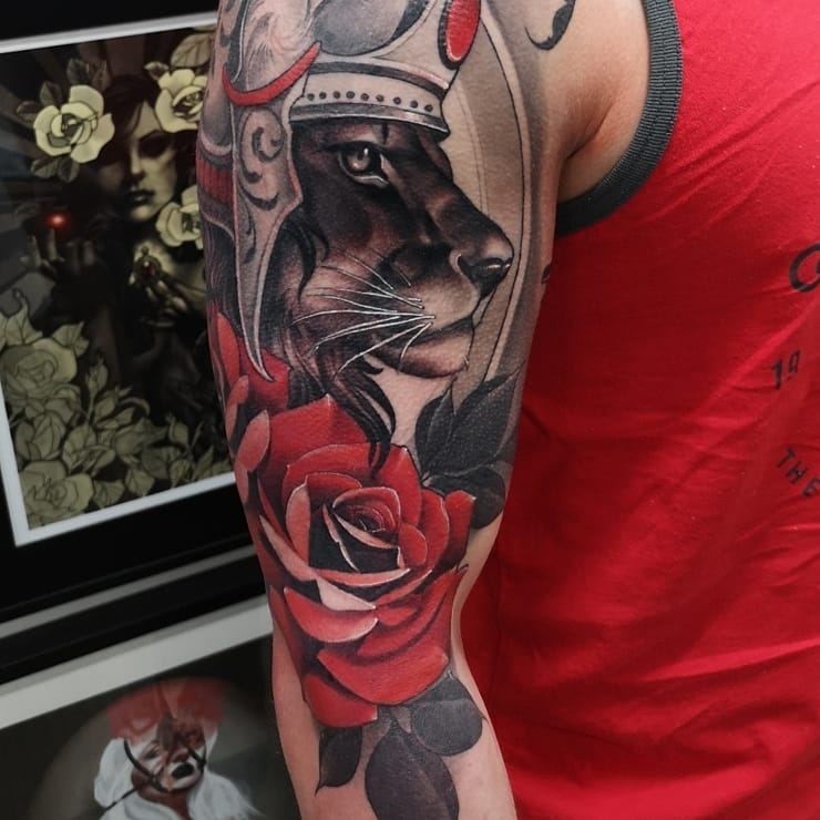 Lion and Rose Tattoo by Sasha Day at Black Gold Tattoo Co in Edmonton Alberta Canada