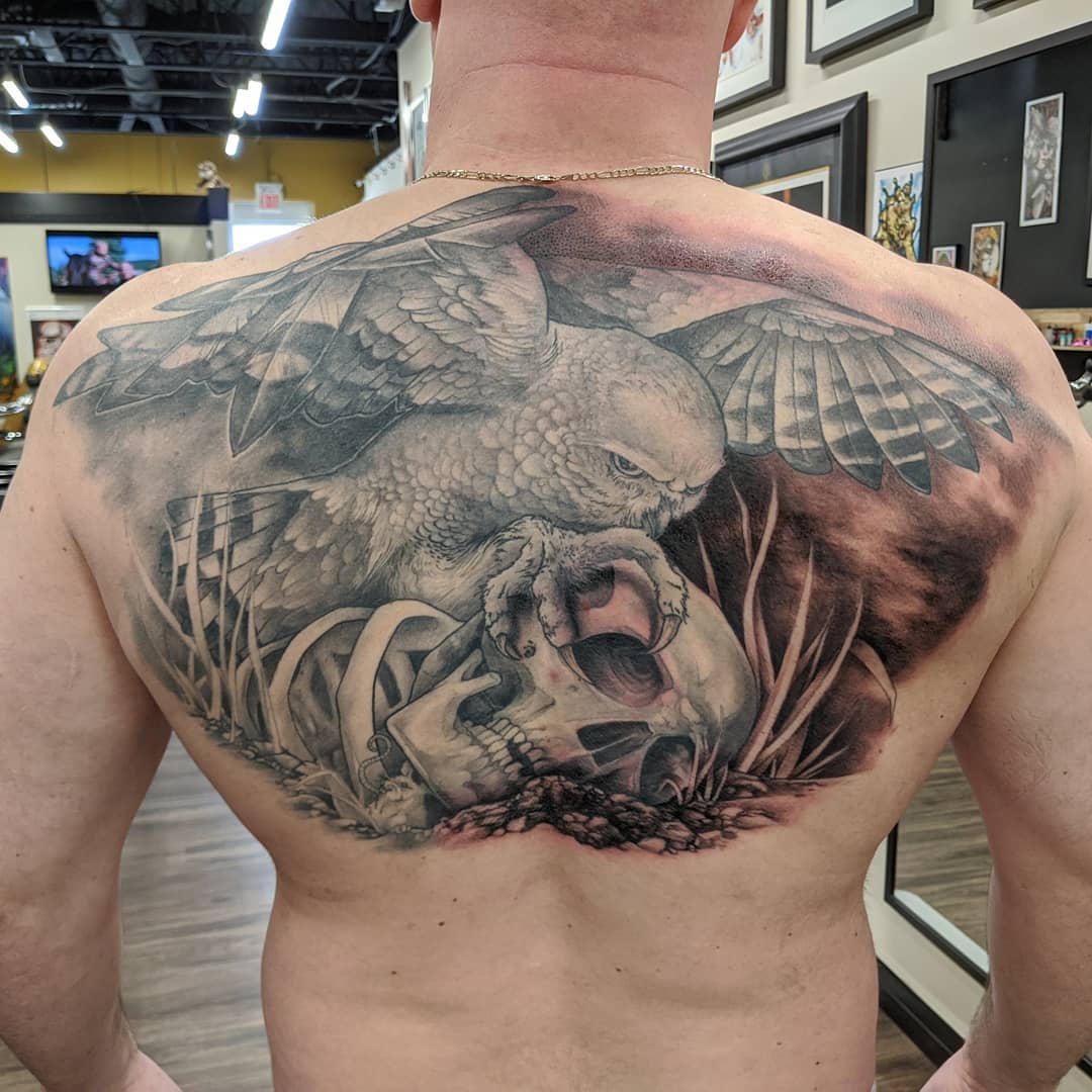 Owl and Skull Tattoo by Kevin Sherritt at Black Gold Tattoo Co in Edmonton Alberta Canada
