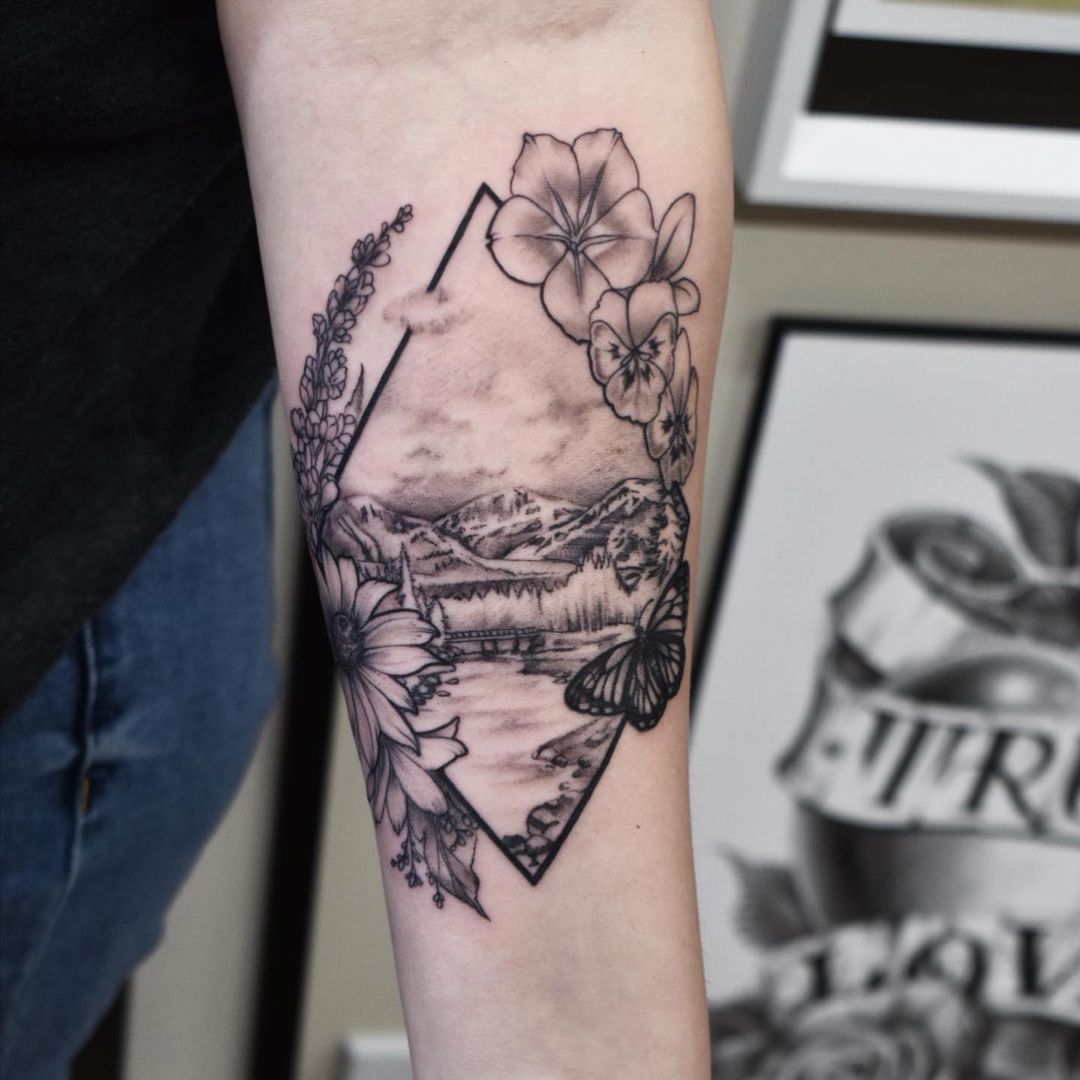 Mountain Scenery Tattoo by Amber Strange at Black Gold Tattoo Co in Edmonton Alberta Canada