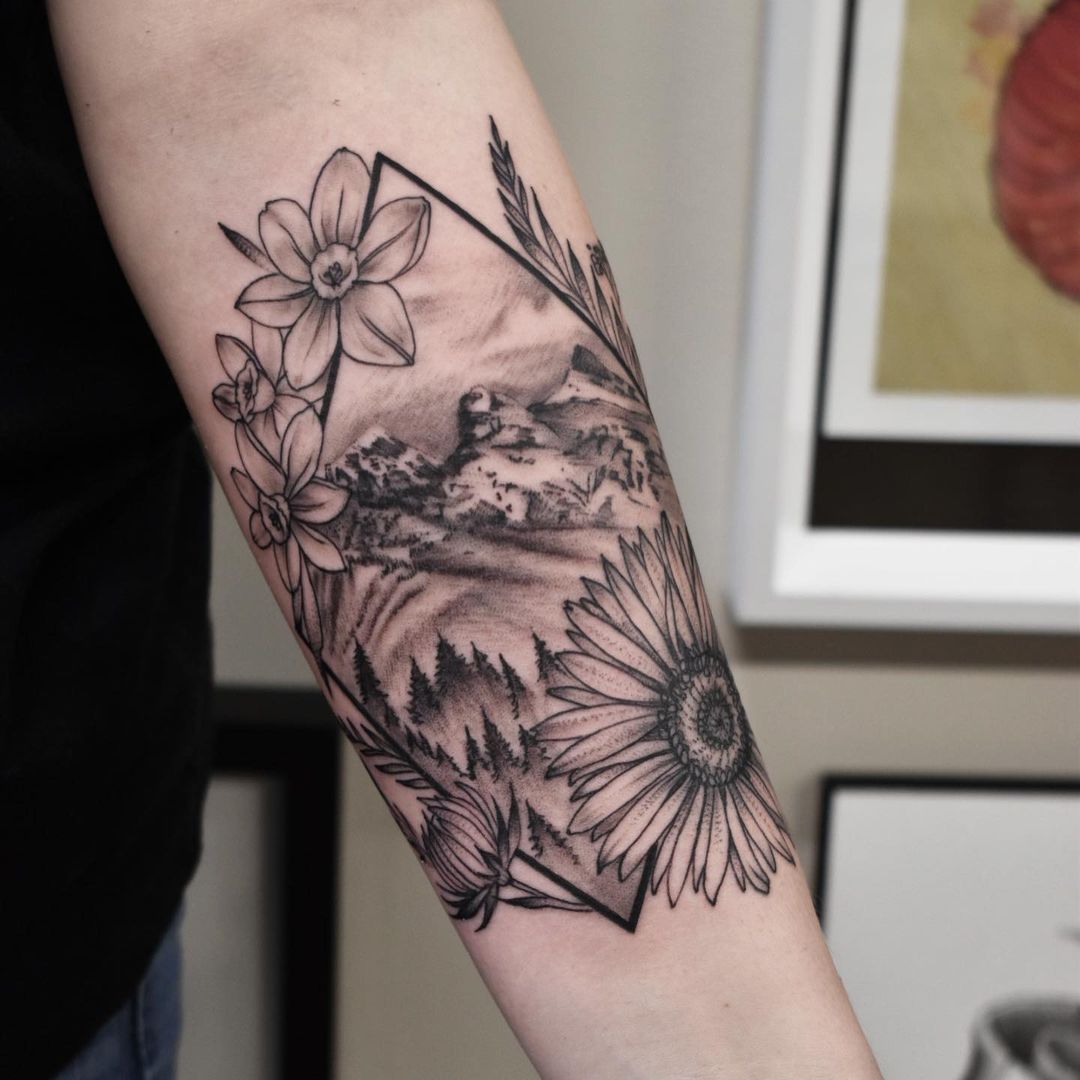 Mountain Scenery Tattoo by Amber Strange at Black Gold Tattoo Co in Edmonton Alberta Canada
