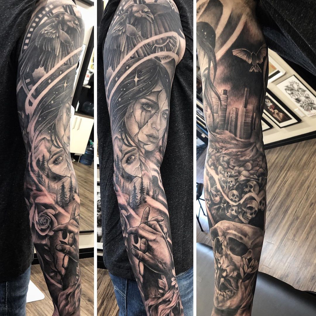 Apocalyptic Sleeve by Sarah Michelle at Black Gold Tattoo Co in Edmonton Alberta Canada