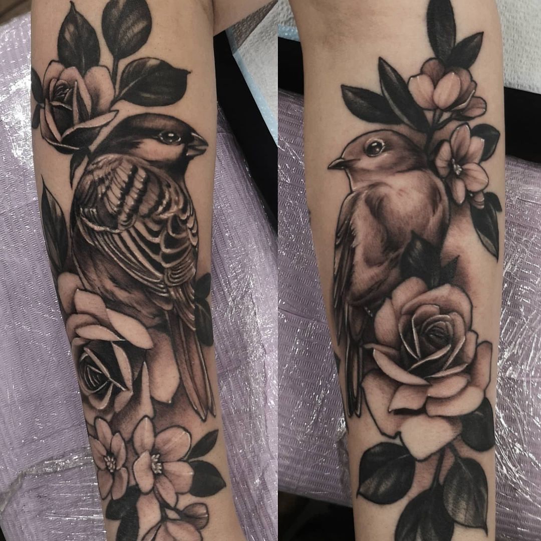 Sparrow, Robin and Floral Tattoos by Sasha Day at Black Gold Tattoo Co in Edmonton Alberta Canada
