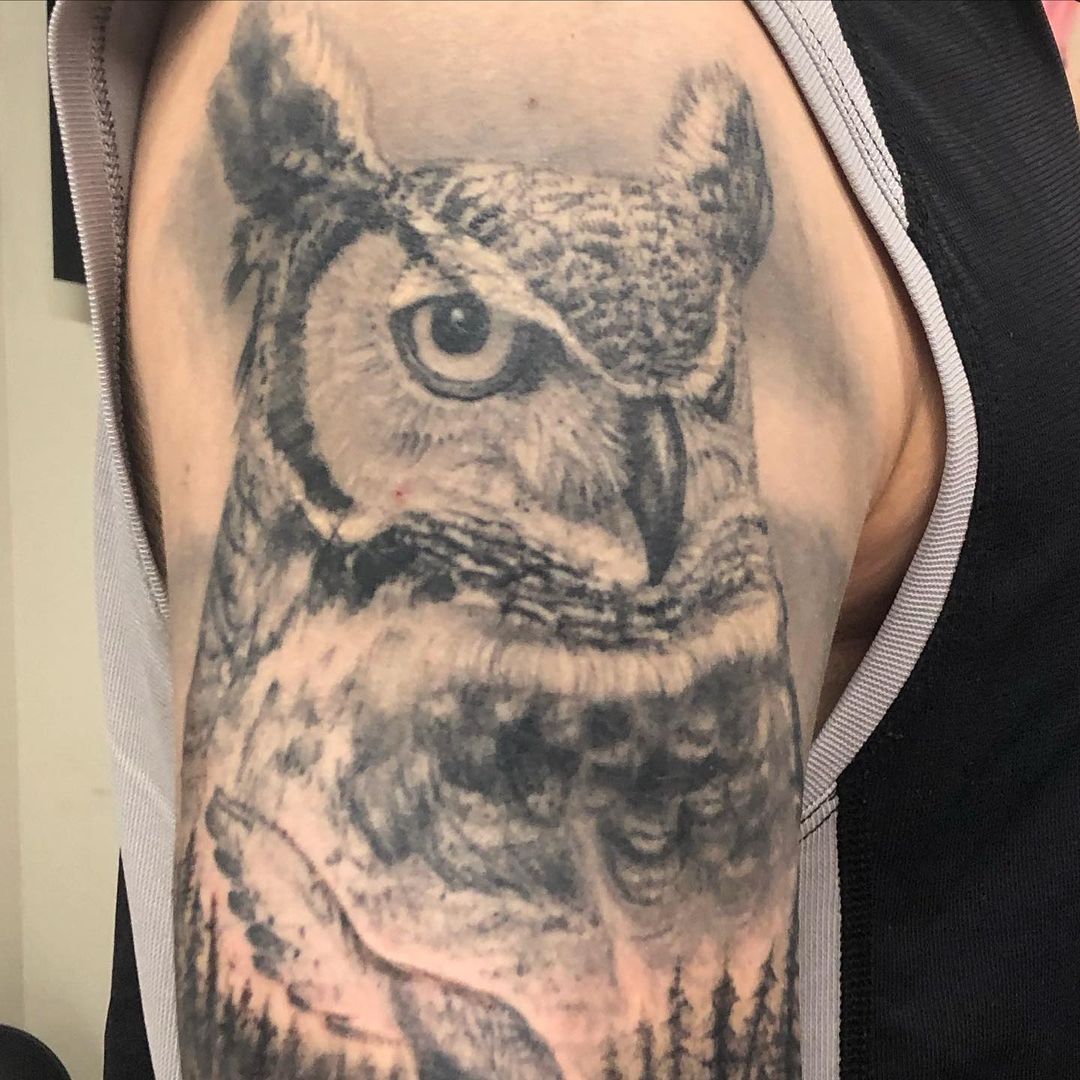 Owl Tattoo by Steve Hayes at Black Gold Tattoo Co in Edmonton Alberta Canada
