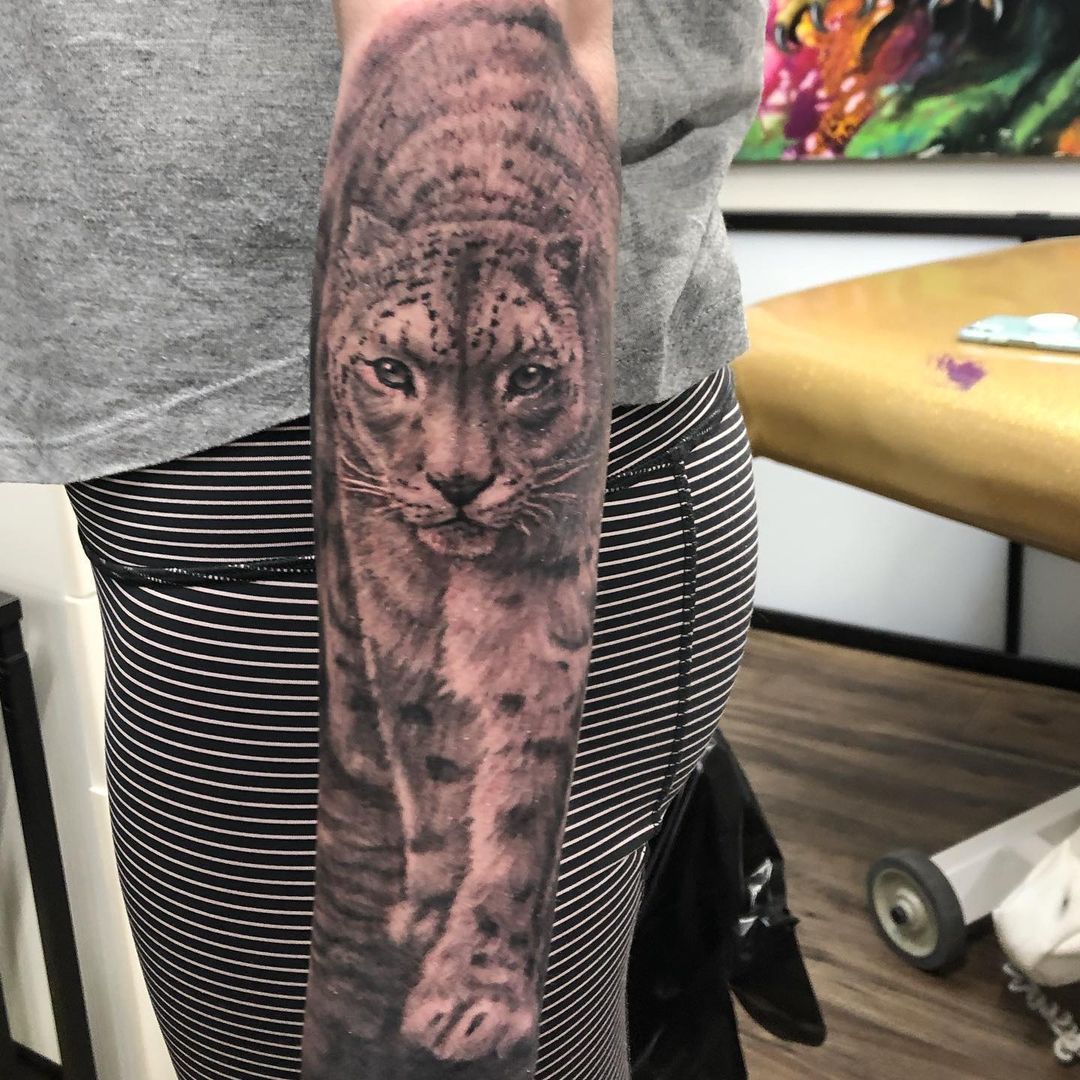 Snow Leopard Tattoo by Steve Hayes at Black Gold Tattoo Co in Edmonton Alberta Canada