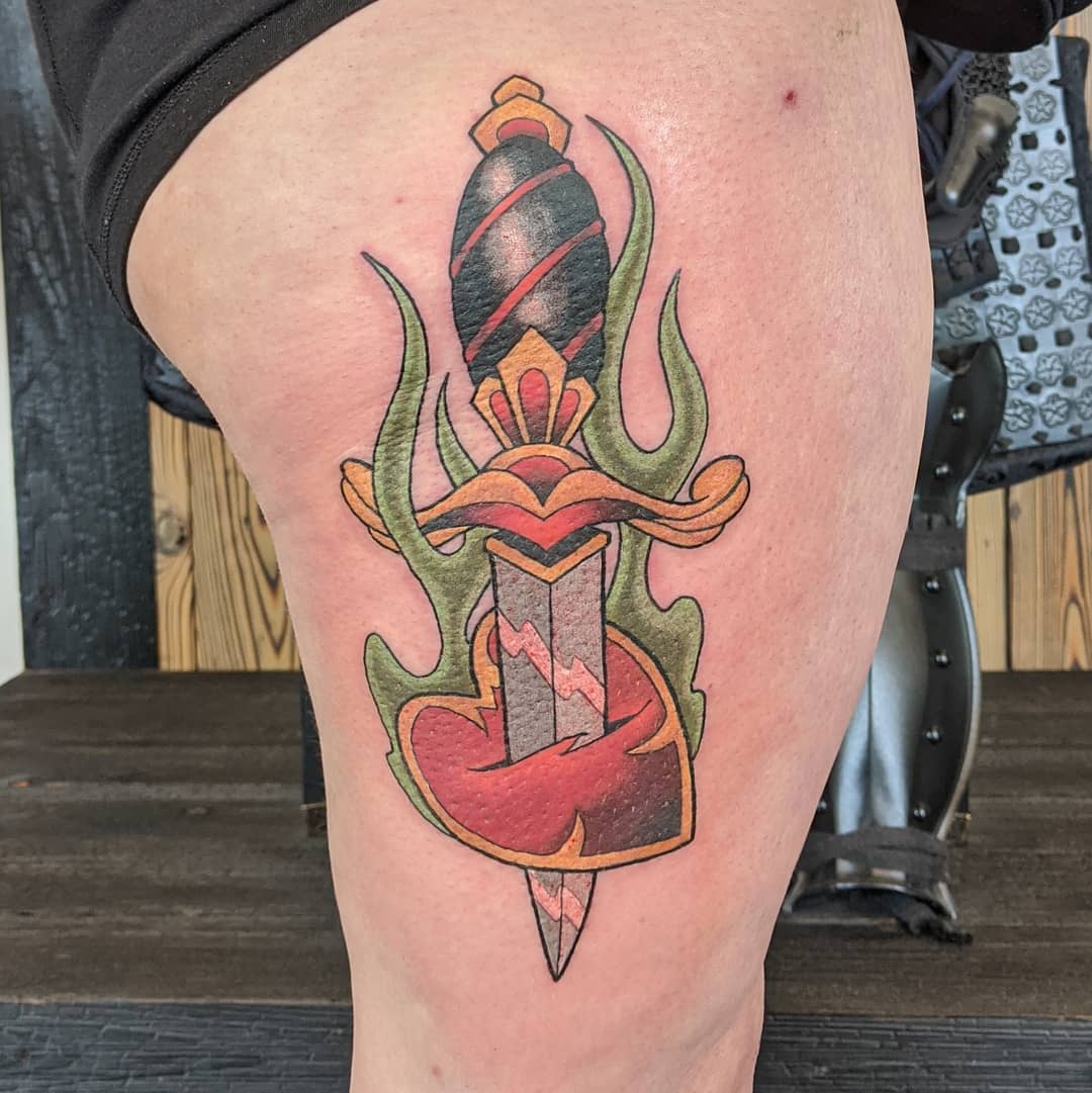 Dagger and Heart Tattoo by Sheila Anderson at Crimson Empire Tattoo in Edmonton Alberta Canada