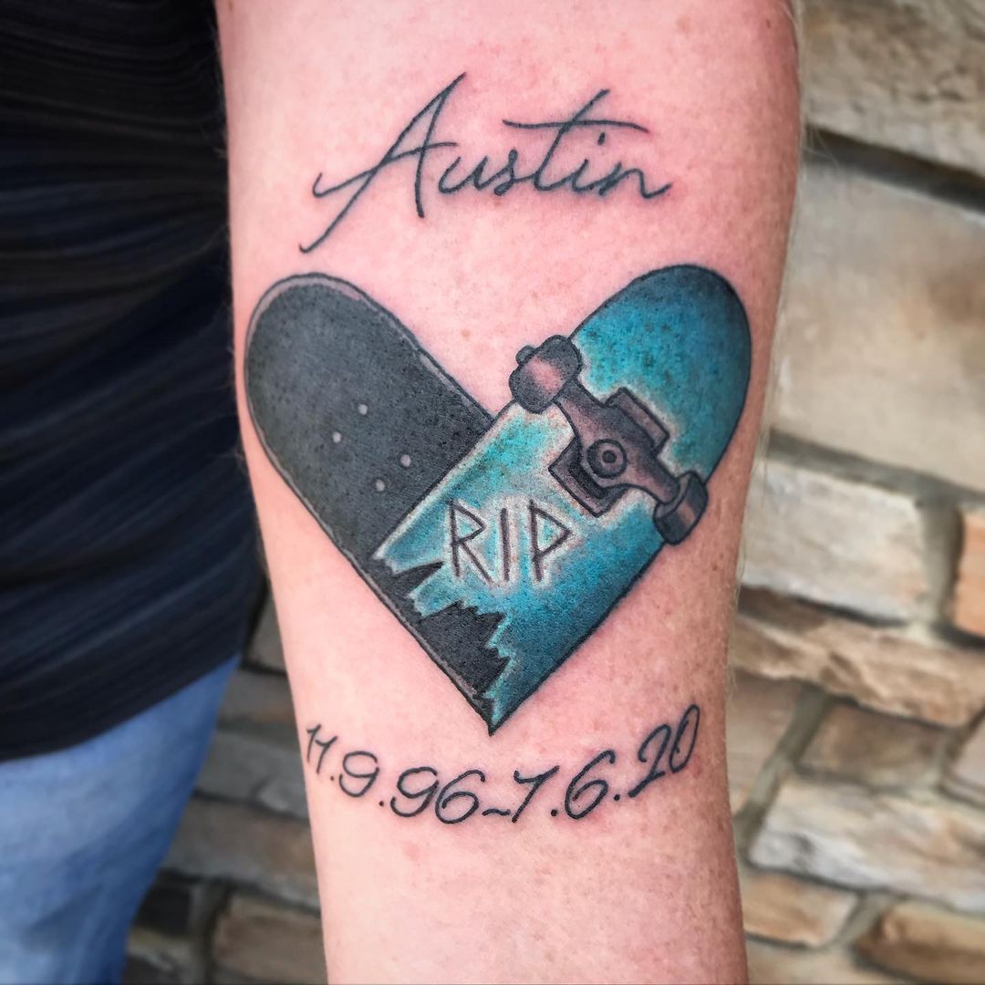 Skateboard Memorial Tattoo by Jess Alther at Black Gold Tattoo Co in Edmonton Alberta Canada