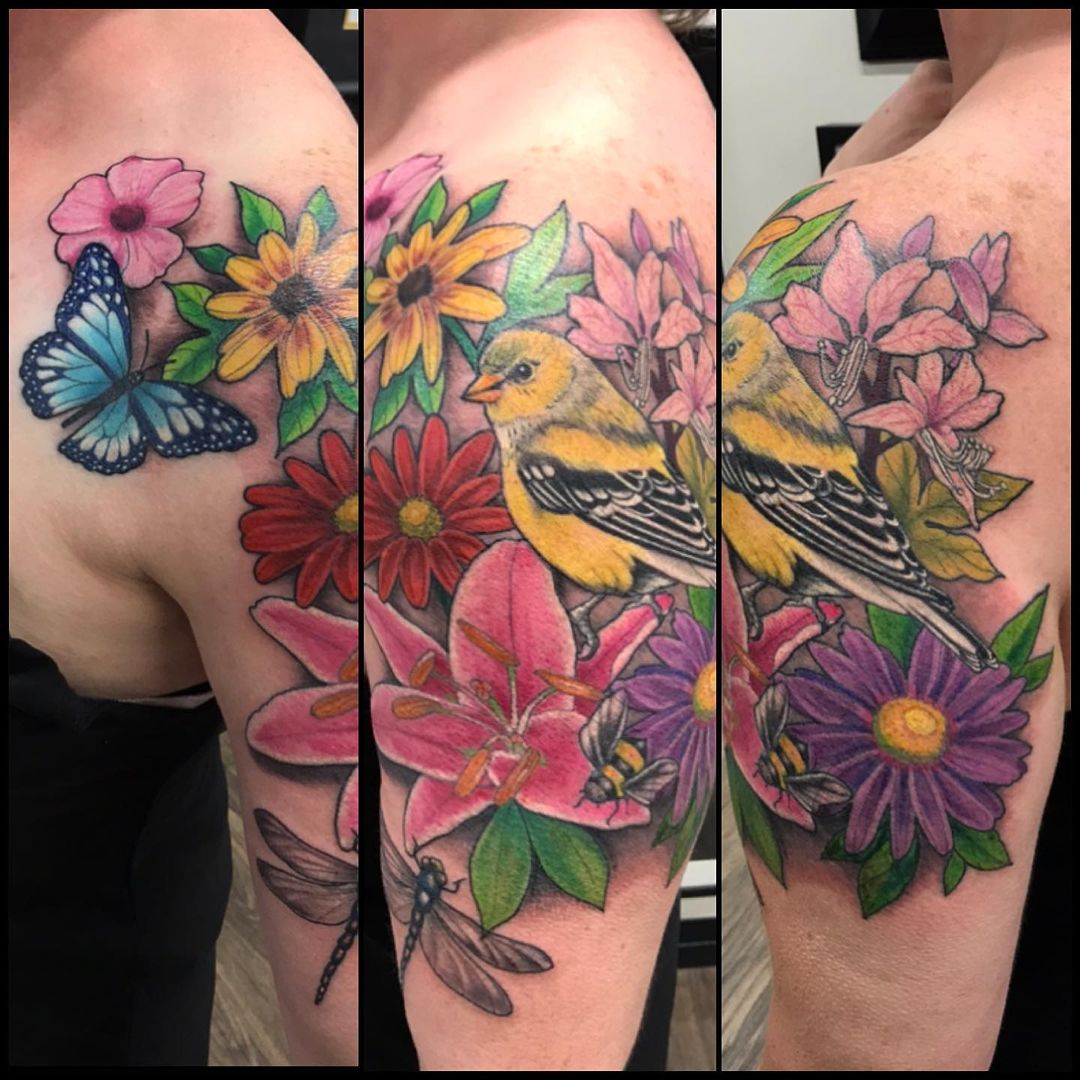 Chickadee and Floral Tattoo by Jess Alther at Black Gold Tattoo Co in Edmonton Alberta Canada