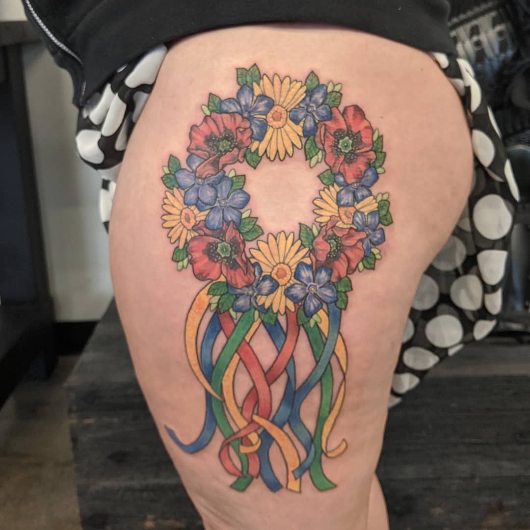 Ukrainian Floral Crown Tattoo by Sheila Anderson at Crimson Empire Tattoo in Edmonton Alberta Canada