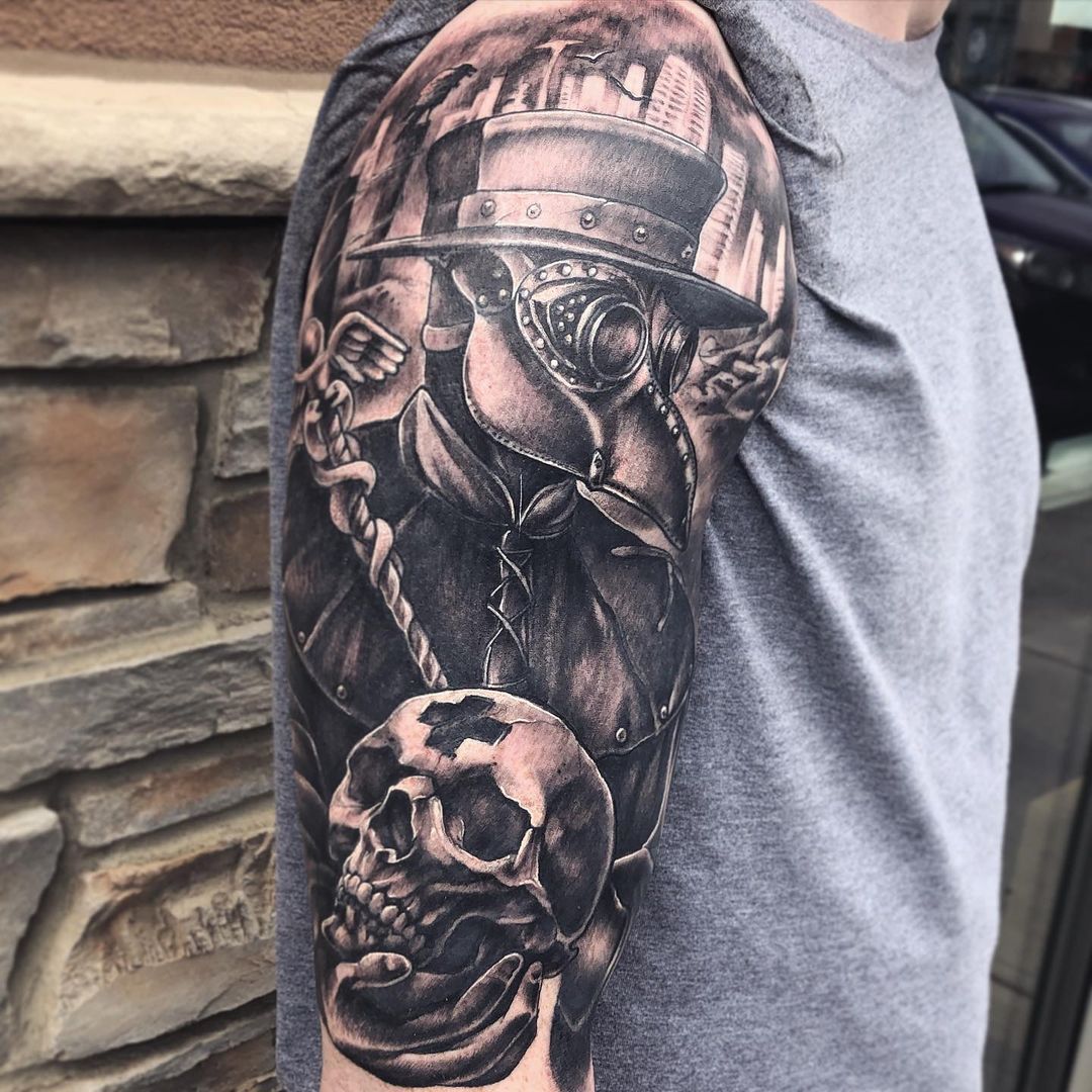Plague Doctor Tattoo by Sarah Michelle at Black Gold Tattoo Co in Edmonton Alberta Canada