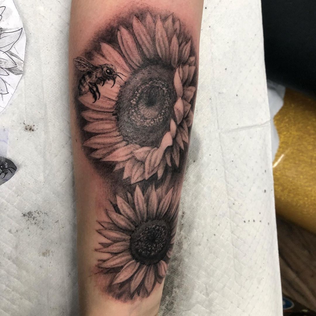 Sunflowers and Bee Tattoo by Steve Hayes at Black Gold Tattoo Co in Edmonton Alberta Canada