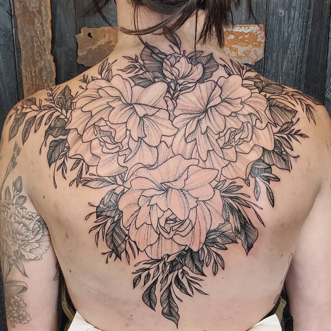 Floral Back Piece by Adrienne Alexander at Crimson Empire Tattoo in Edmonton Alberta Canada