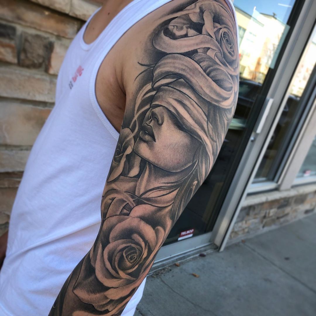 Blind Justice and Floral Tattoo by Sarah Michelle at Black Gold Tattoo Co in Edmonton Alberta Canada