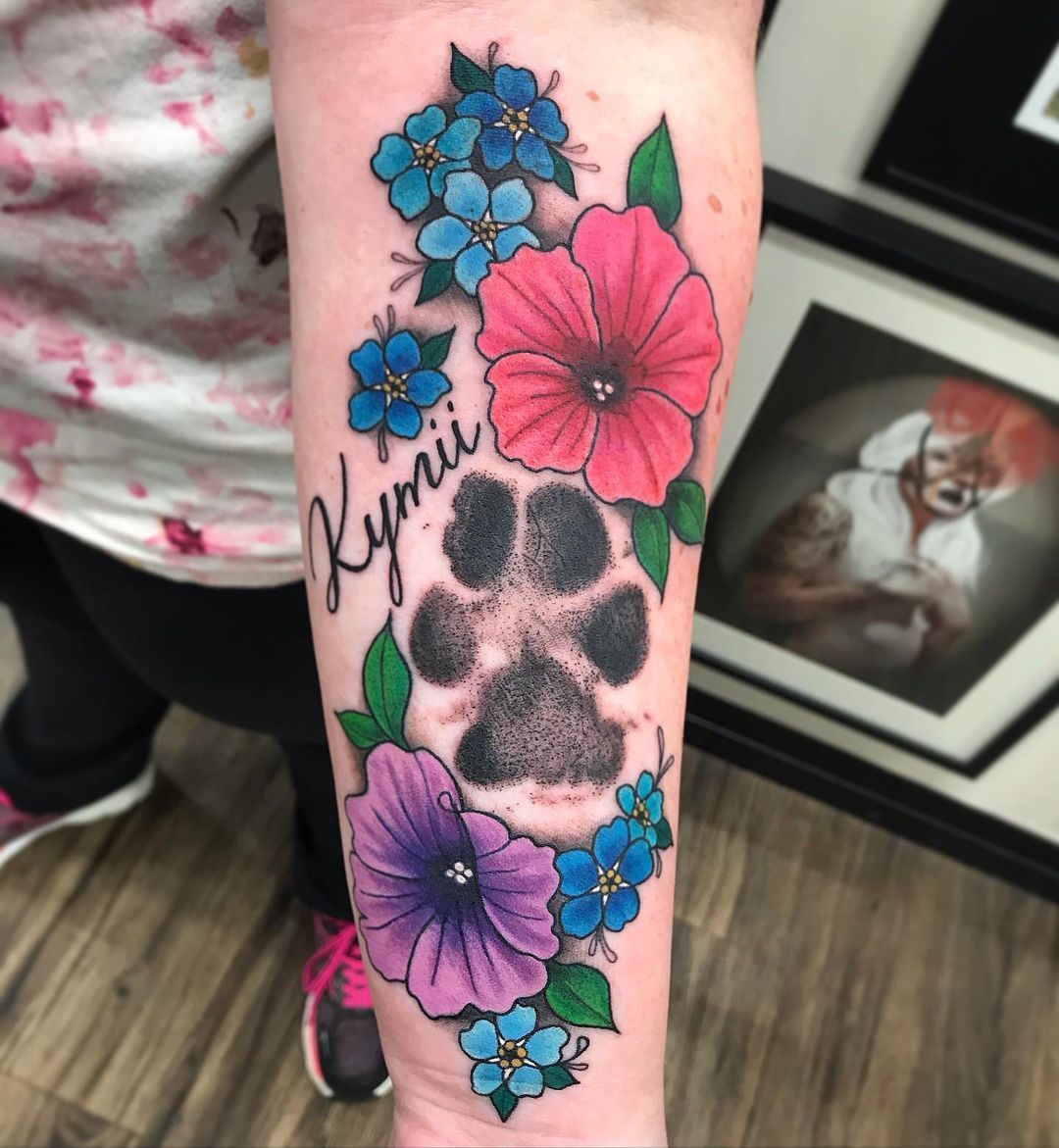 Paw Print and Floral Tattoo by Jess Alther at Black Gold Tattoo Co in Edmonton Alberta Canada