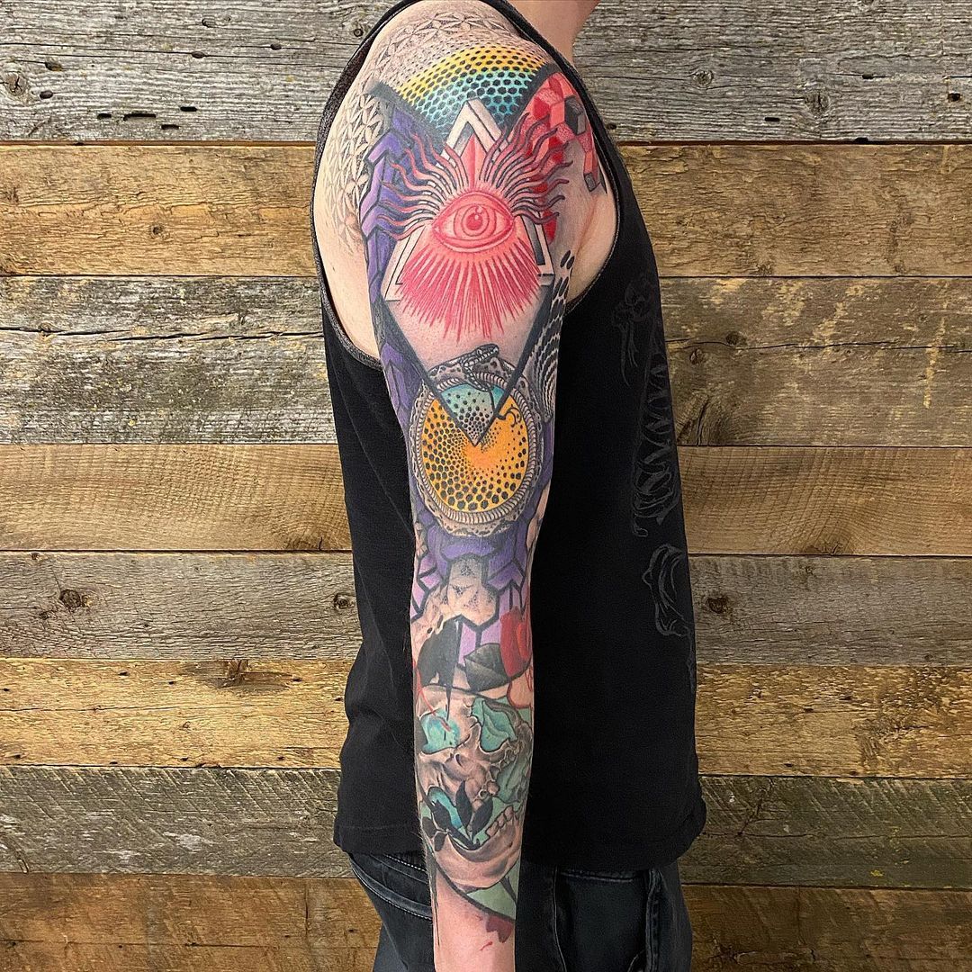 Abstract Geometric Sleeve by Dale Moostoos at Crimson Empire Tattoo in Edmonton Alberta Canada