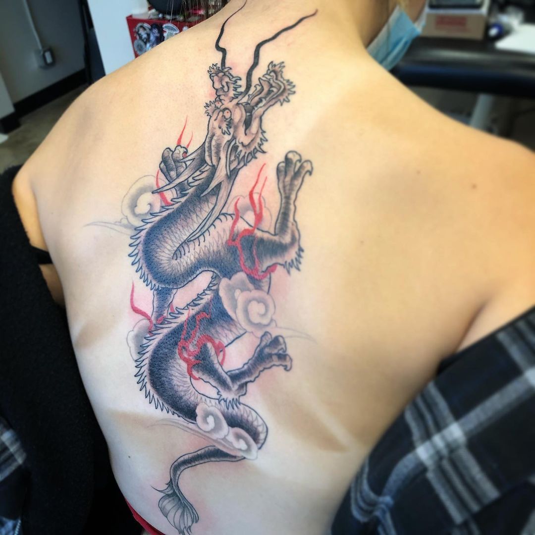 Dragon Back Tattoo by Curt Semeniuk at Crimson Empire Tattoo in Edmonton Alberta Canada