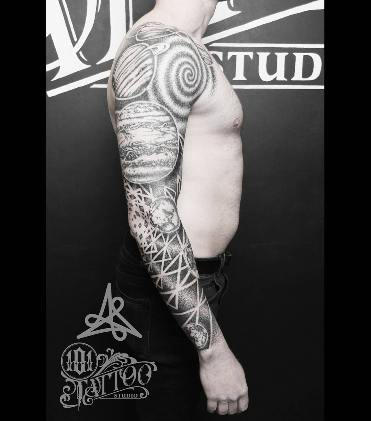 Space and Geometric Dotwork Tattoo by Lex at Black Gold Tattoo Co in Edmonton Alberta Canada